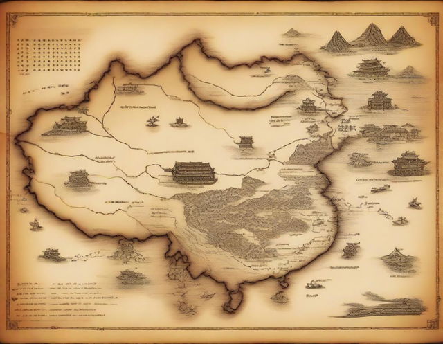 An ancient map of China depicting old trade routes, landmarks, and historical sites