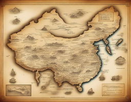 An ancient map of China depicting old trade routes, landmarks, and historical sites