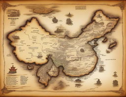 An ancient map of China depicting old trade routes, landmarks, and historical sites