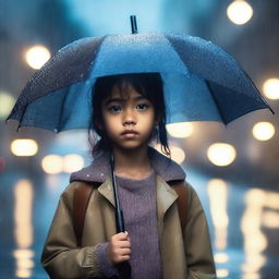 A serene image of a young girl named Sophie standing in the rain