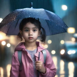 A serene image of a young girl named Sophie standing in the rain