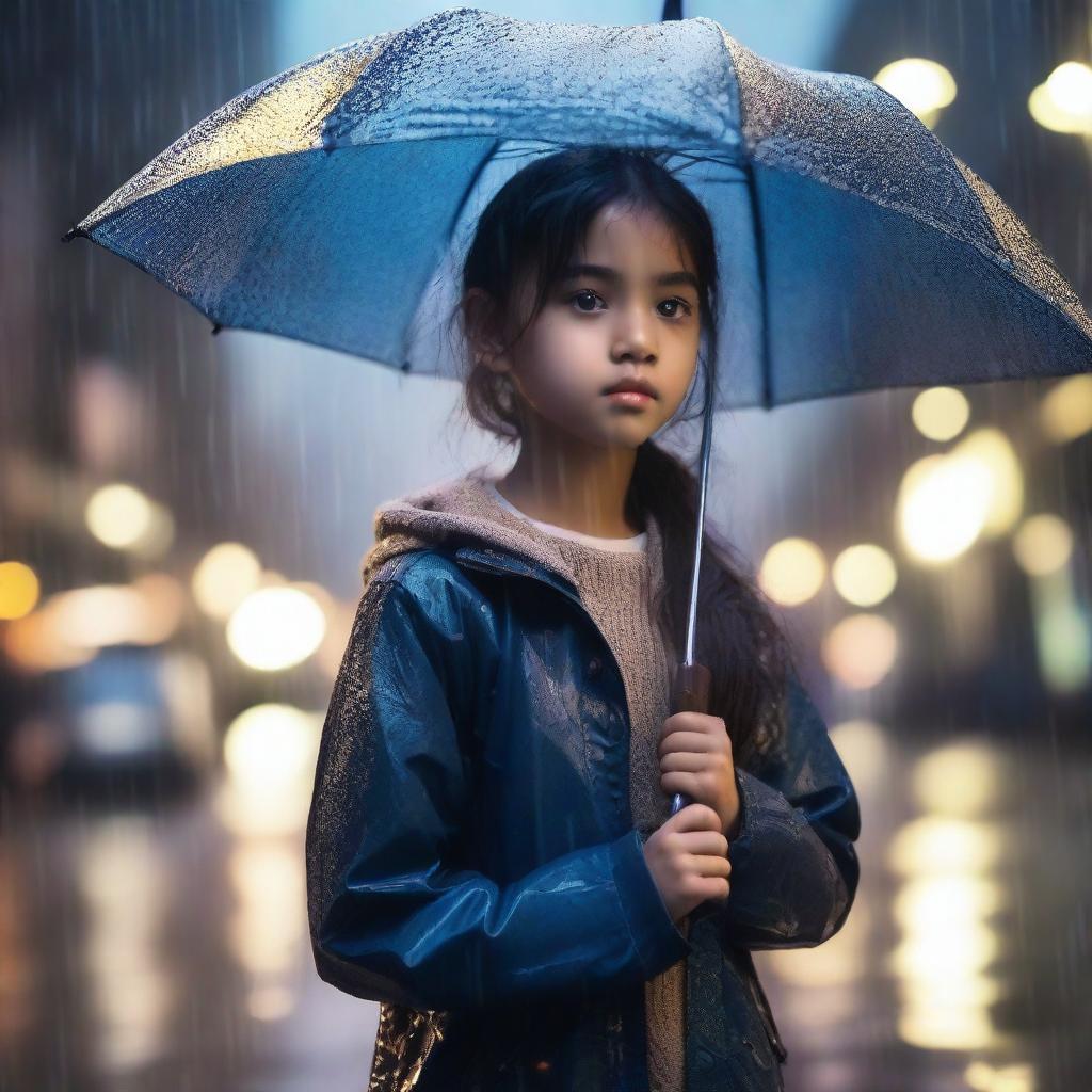 A serene image of a young girl named Sophie standing in the rain