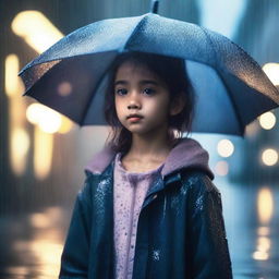 A serene image of a young girl named Sophie standing in the rain