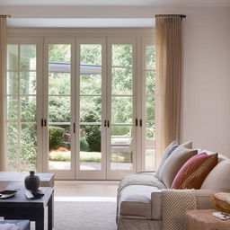 A contemporary residential interior showcasing a cozy living room with tastefully furnished elements, complementary color schemes, enhancing natural light through large French windows overlooking a lush courtyard.