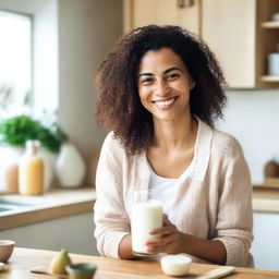 A woman holding a glass of milk, smiling warmly in a cozy kitchen setting