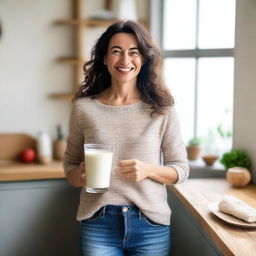 A woman holding a glass of milk, smiling warmly in a cozy kitchen setting