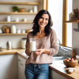 A woman holding a glass of milk, smiling warmly in a cozy kitchen setting