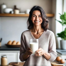 A woman holding a glass of milk, smiling warmly in a cozy kitchen setting