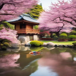 A serene Japanese garden with cherry blossom trees in full bloom, a traditional tea house in the background, and a koi pond with colorful fish