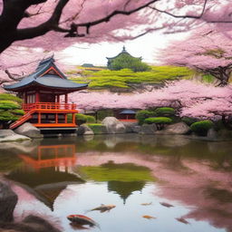 A serene Japanese garden with cherry blossom trees in full bloom, a traditional tea house in the background, and a koi pond with colorful fish