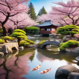 A serene Japanese garden with cherry blossom trees in full bloom, a traditional tea house in the background, and a koi pond with colorful fish