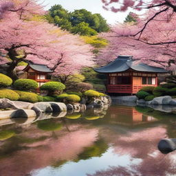 A serene Japanese garden with cherry blossom trees in full bloom, a traditional tea house in the background, and a koi pond with colorful fish