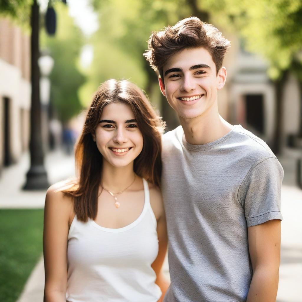 A 25-year-old woman wearing a casual outfit is standing next to a handsome 19-year-old boy