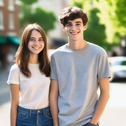 A 25-year-old woman wearing a casual outfit is standing next to a handsome 19-year-old boy