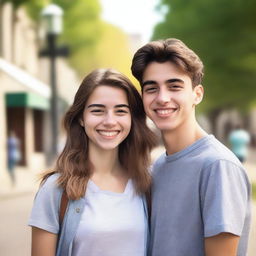 A 25-year-old woman wearing a casual outfit is standing next to a handsome 19-year-old boy