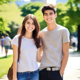 A 25-year-old woman wearing a casual outfit is standing next to a handsome 19-year-old boy