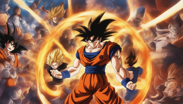 Create a banner wallpaper combining Dragon Ball Z and Death Note themes, featuring swirling clouds, Dragon Balls, Shinigami eyes, and characters like Goku and Light Yagami in an epic confrontation