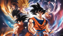 Create a banner wallpaper combining Dragon Ball Z and Death Note themes, featuring swirling clouds, Dragon Balls, Shinigami eyes, and characters like Goku and Light Yagami in an epic confrontation