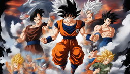 Create a banner wallpaper combining Dragon Ball Z and Death Note themes, featuring swirling clouds, Dragon Balls, Shinigami eyes, and characters like Goku and Light Yagami in an epic confrontation