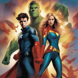 Create a Marvel-style art piece featuring a beautiful 25-year-old woman and a handsome 19-year-old boy
