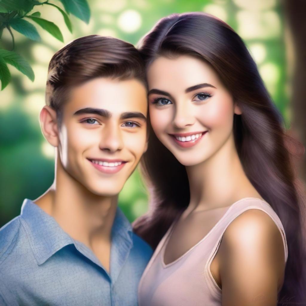 Create an art piece featuring a beautiful 25-year-old woman and a handsome 19-year-old boy