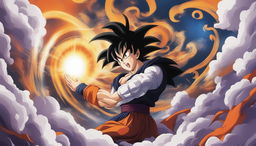 Create a banner wallpaper combining Dragon Ball Z and Death Note themes, featuring swirling clouds, Dragon Balls, and Shinigami eyes, without any characters