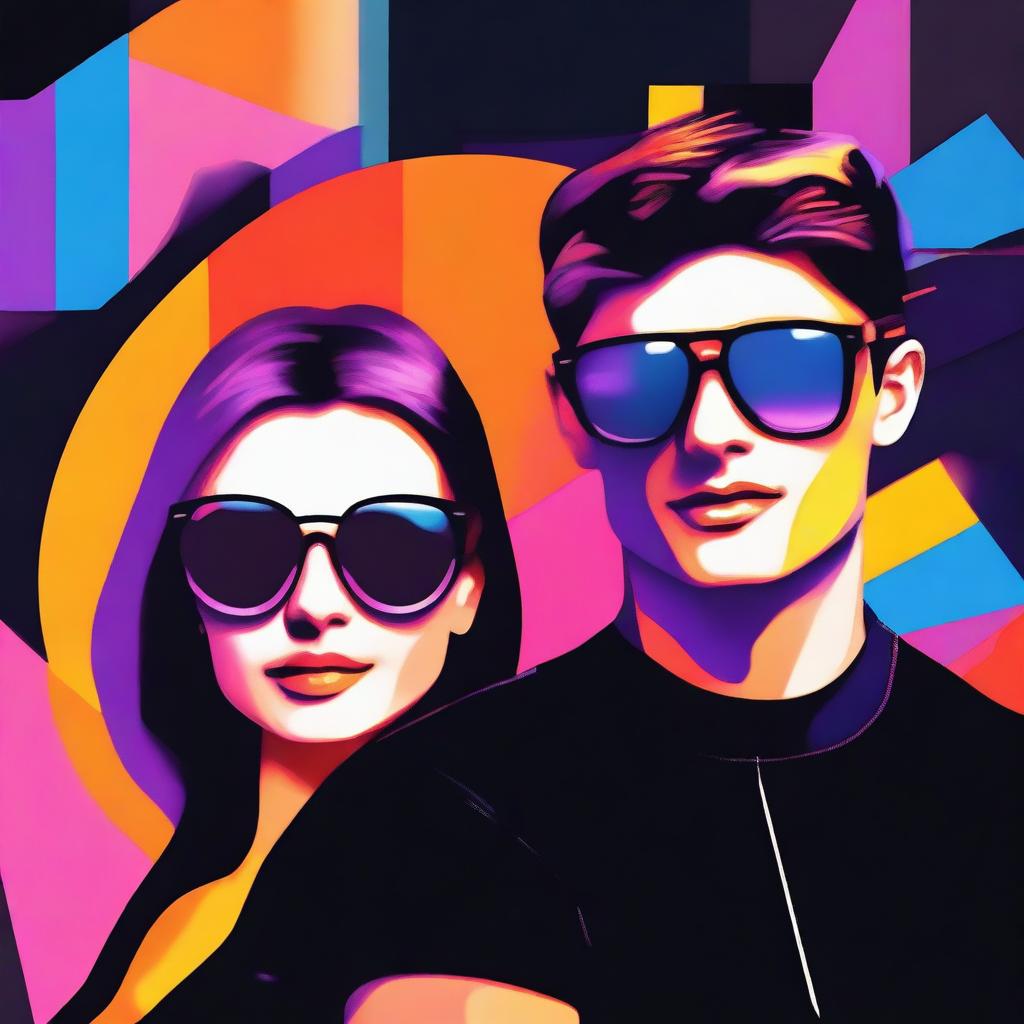 Create an art piece featuring a beautiful 25-year-old woman wearing sunglasses and a black outfit, alongside a handsome 19-year-old boy also wearing a black outfit