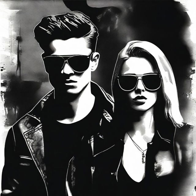 Create an art piece featuring a beautiful 25-year-old woman wearing sunglasses and a black outfit, alongside a handsome 19-year-old boy also in a black outfit