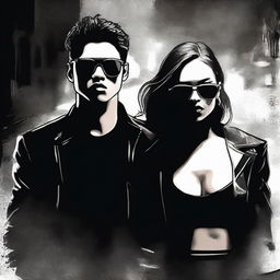 Create an art piece featuring a beautiful 25-year-old woman wearing sunglasses and a black outfit, alongside a handsome 19-year-old boy also in a black outfit