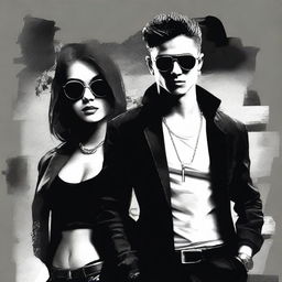 Create an art piece featuring a beautiful 25-year-old woman wearing sunglasses and a black outfit, alongside a handsome 19-year-old boy also in a black outfit