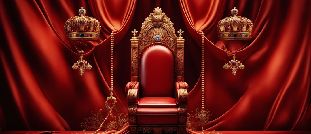 A grand banner featuring a majestic red king's throne with gold accents and a luxurious red velvet upholstery, and a magnificent crown adorned with precious jewels and golden details, all set against a deep, rich red background with elegant patterns