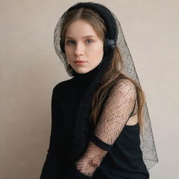 A girl with clipped light brown hair wearing a veil, earbuds in her ears in black aesthetic, a fish net on her leg, and black oversized warmers on her arms.