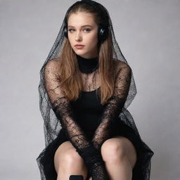 A girl with clipped light brown hair wearing a veil, earbuds in her ears in black aesthetic, a fish net on her leg, and black oversized warmers on her arms.