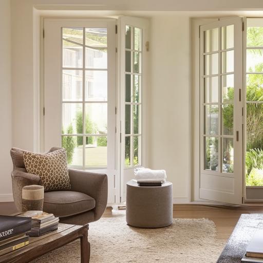 A contemporary residential interior showcasing a cozy living room with tastefully furnished elements, complementary color schemes, enhancing natural light through large French windows overlooking a lush courtyard.