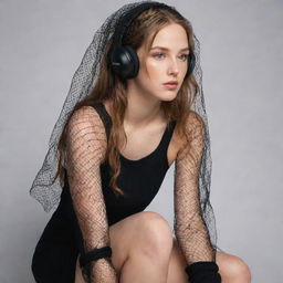 A girl with clipped light brown hair wearing a veil, earbuds in her ears in black aesthetic, a fish net on her leg, and black oversized warmers on her arms.