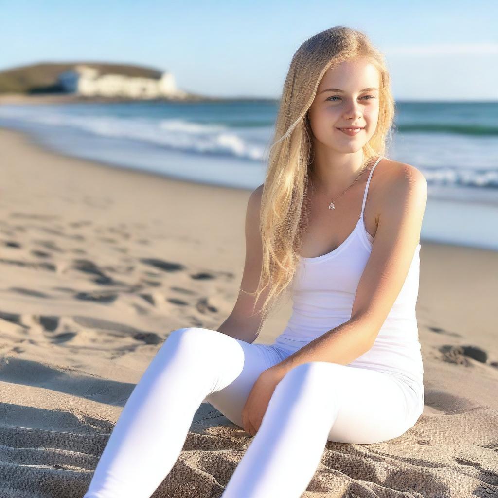 An 18-year-old girl with blond hair and blue eyes sitting on a beach