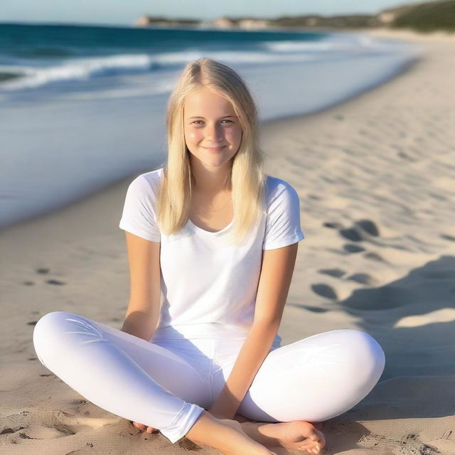 An 18-year-old girl with blond hair and blue eyes sitting on a beach