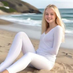 An 18-year-old girl with blond hair and blue eyes sitting on a beach