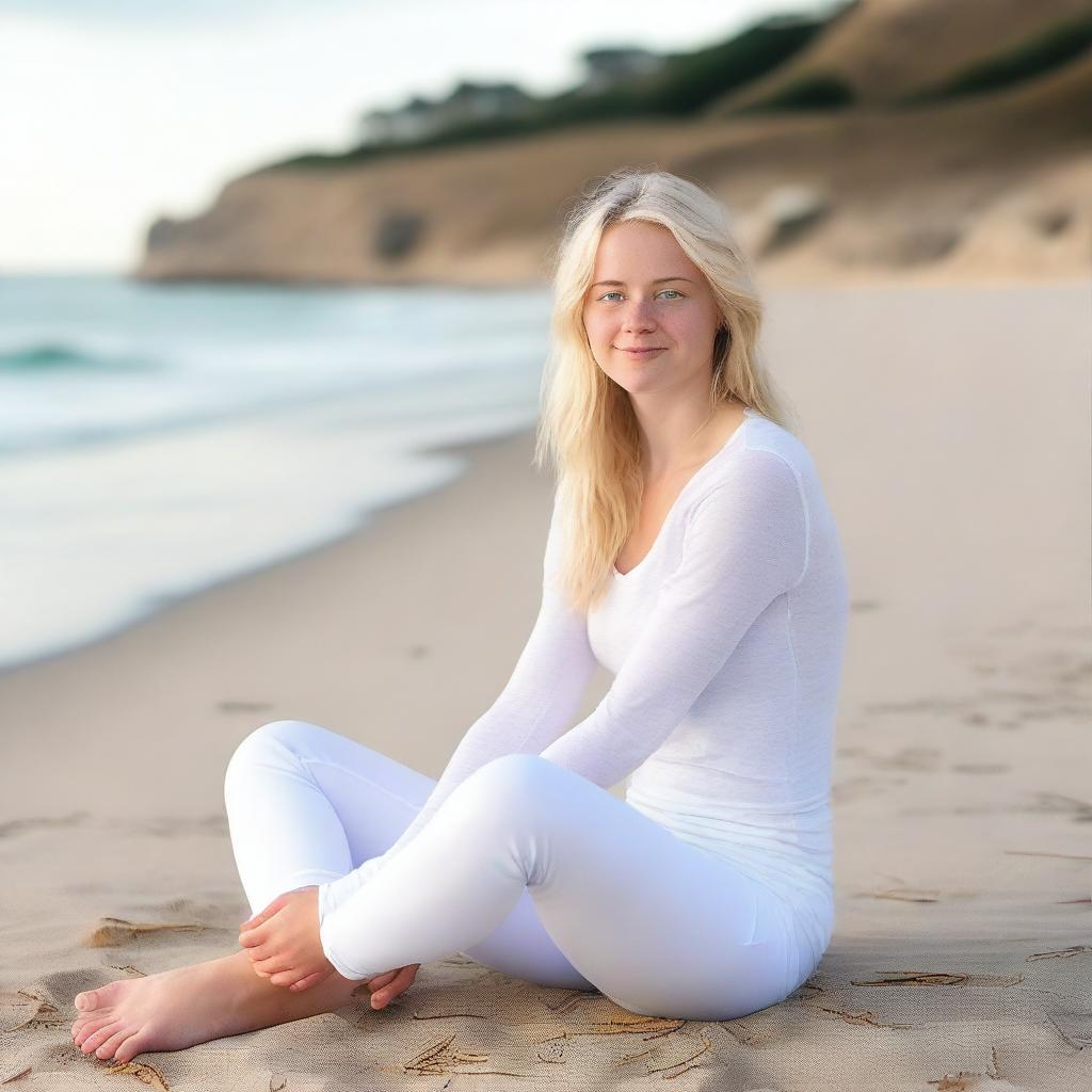 A young woman, around 18 years old, with blond hair and blue eyes, sitting on a beach