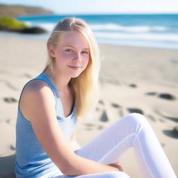 A young woman, around 18 years old, with blond hair and blue eyes, sitting on a beach