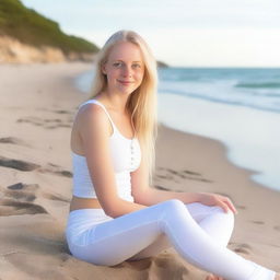 A young woman, around 18 years old, with blond hair and blue eyes, sitting on a beach