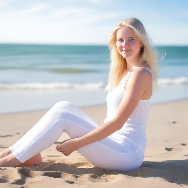 A young woman, around 18 years old, with blond hair and blue eyes, sitting on a beach