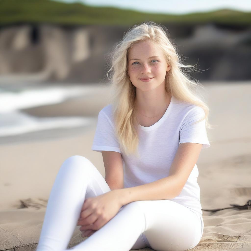 A young woman, around 18 years old, with blond hair and blue eyes, sitting on a beach