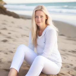 A young woman, around 18 years old, with blond hair and blue eyes, sitting on a beach