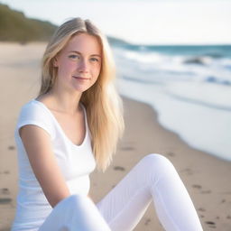 A young woman, around 18 years old, with blond hair and blue eyes, sitting on a beach