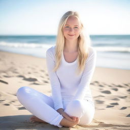 A young woman, around 18 years old, with blond hair and blue eyes, sitting on a beach