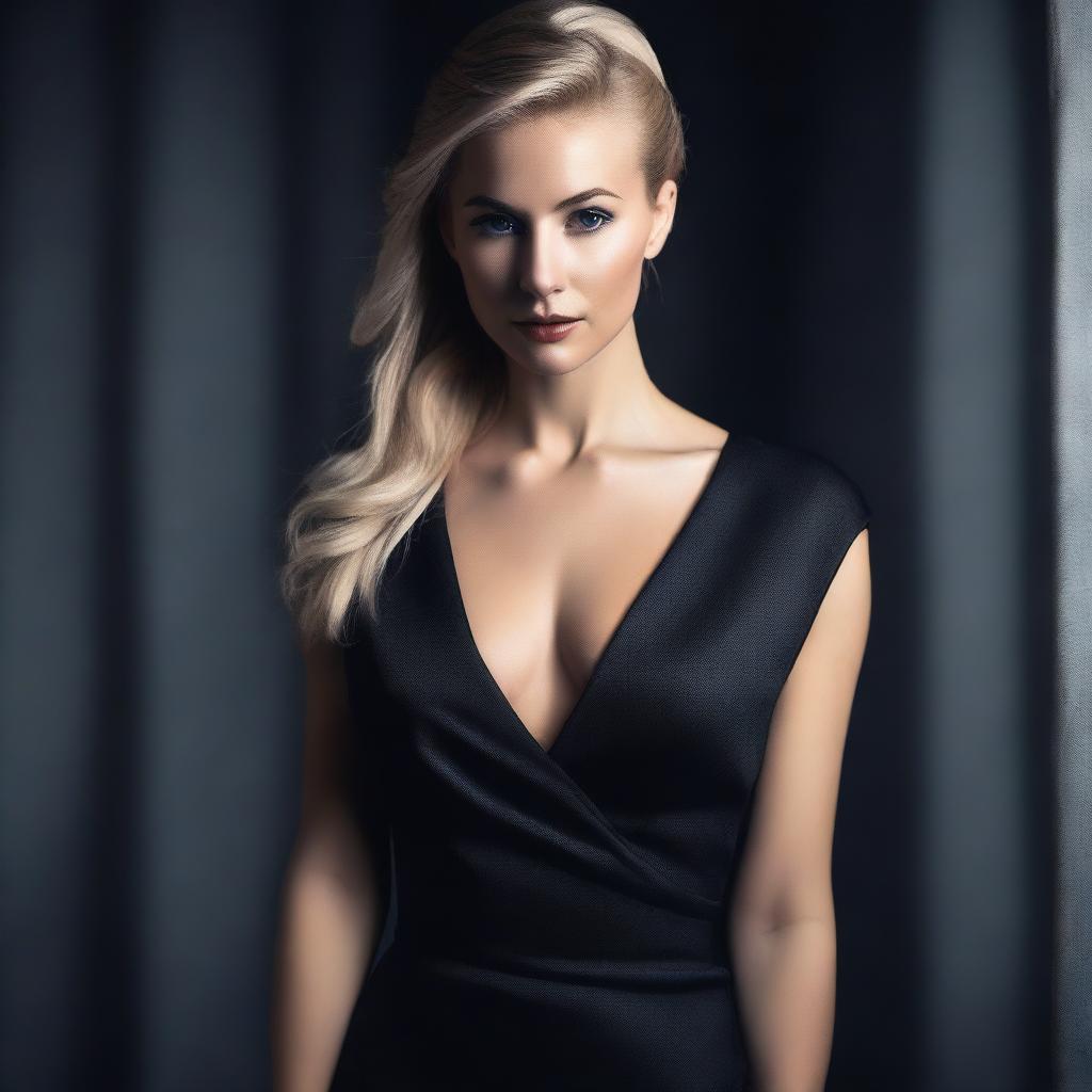 A sexy blonde woman with a ponytail wearing a deep-V black dress