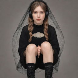 An adorable drawing of a girl with clipped light brown hair wearing a veil, black aesthetic earbuds, a fish net on her leg, and black oversized warmers on her arms.