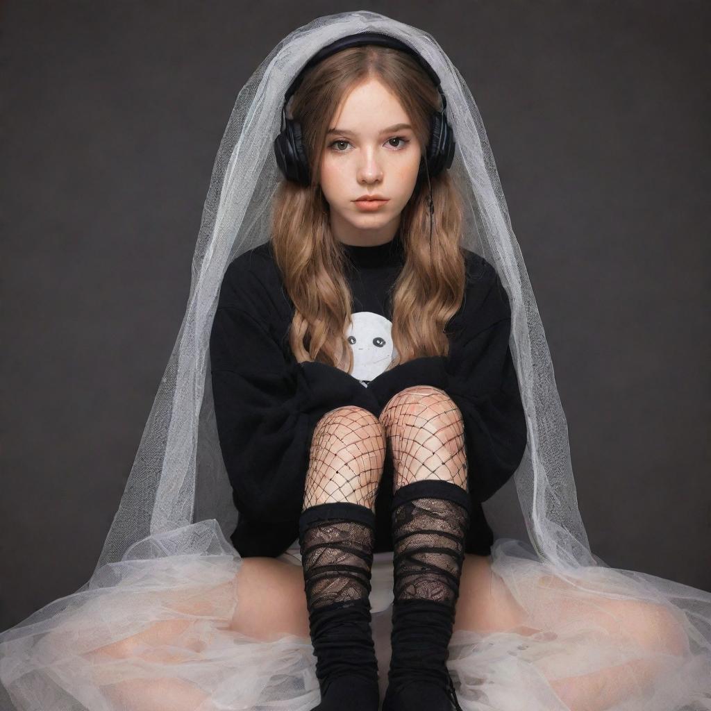 An adorable drawing of a girl with clipped light brown hair wearing a veil, black aesthetic earbuds, a fish net on her leg, and black oversized warmers on her arms.