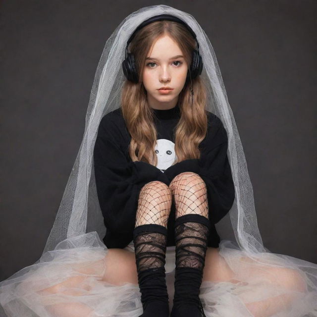 An adorable drawing of a girl with clipped light brown hair wearing a veil, black aesthetic earbuds, a fish net on her leg, and black oversized warmers on her arms.